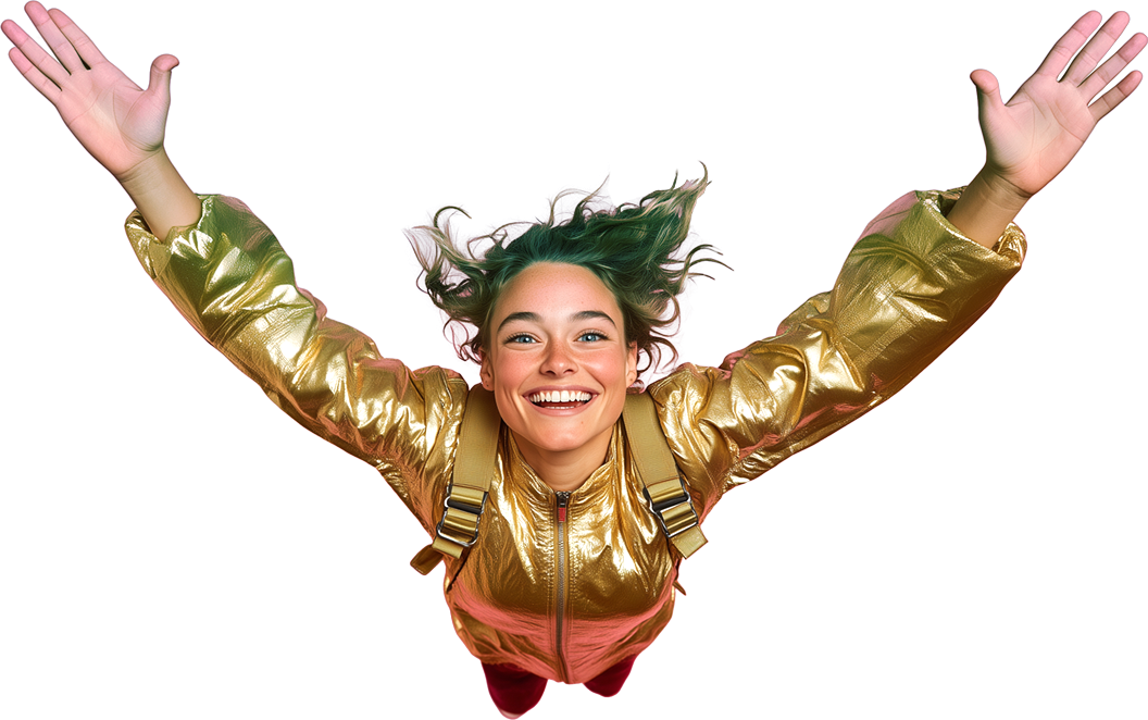 Flicka i guldjacka som hoppar fallskärm